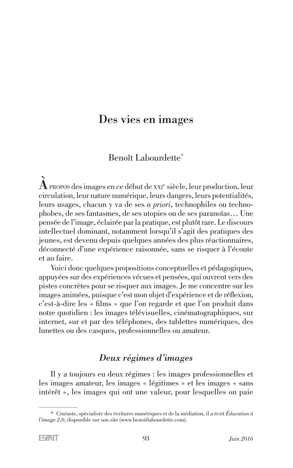 Revue Esprit : article « Des vies en images » - 1 © Benoît Labourdette 2016.